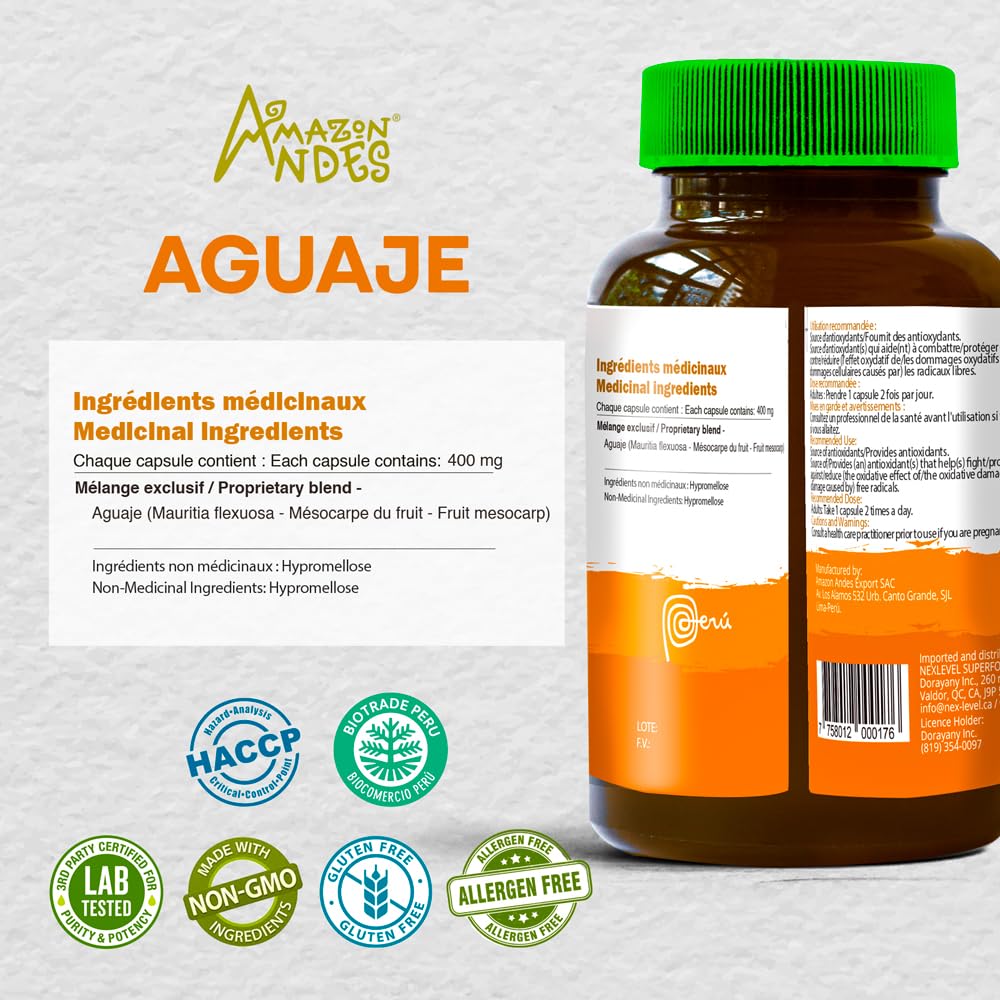 Amazon Andes Aguaje capsules packaging on shelf, convenient daily use.