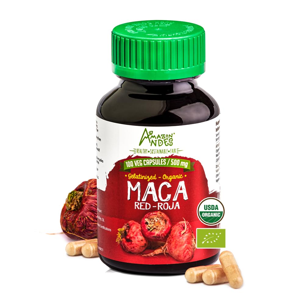 Amazon Andes Health red maca capsules bottle on wood table for daily energy