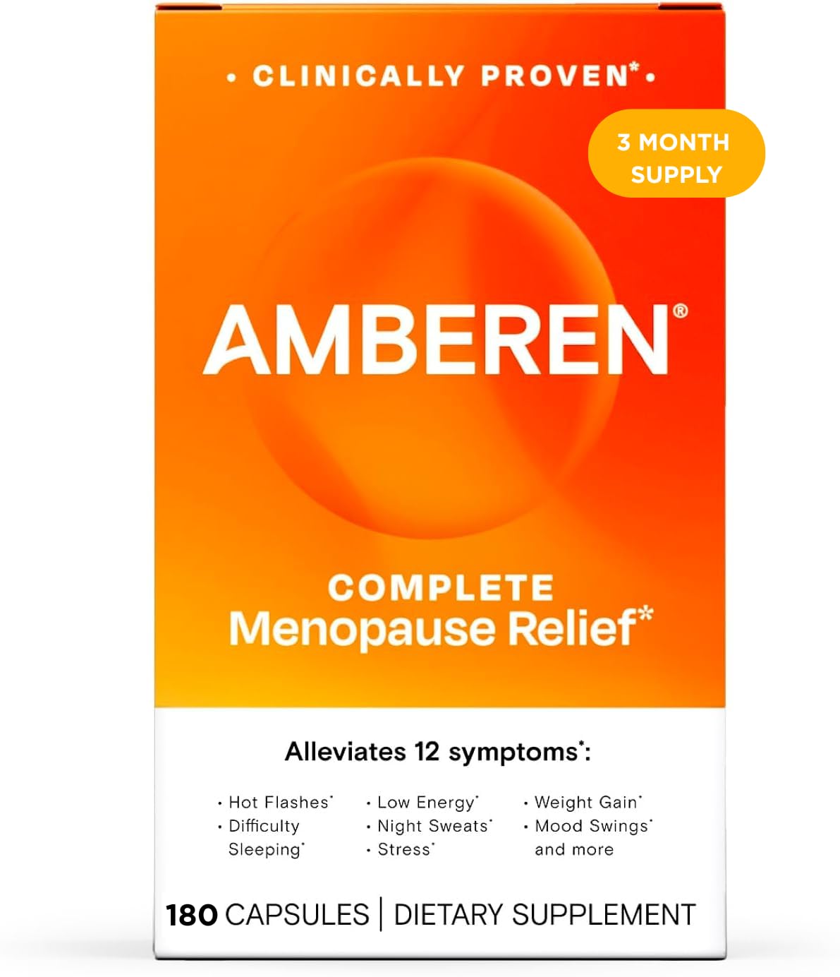 Amberen menopause bottle label showing active ingredients for balance and comfort.