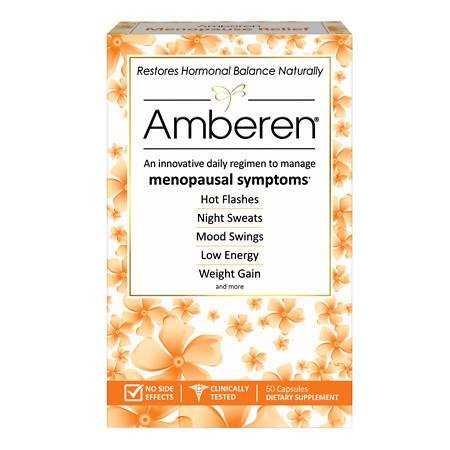 Amberen menopause capsules bottle pour supports balance and relief from symptoms
