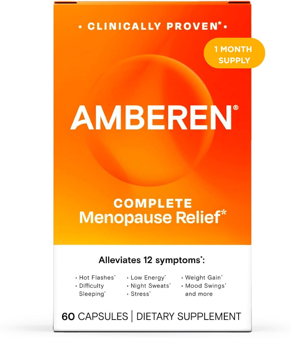 Amberen menopause capsules bottle showing hormone balance support potential.