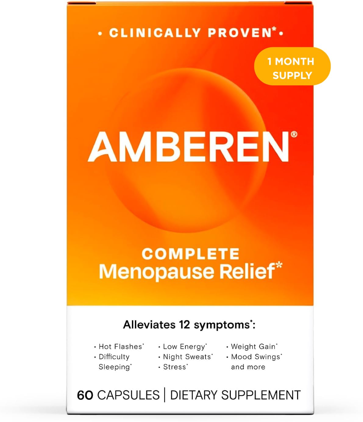 Amberen menopause capsules bottle showing hormone balance support potential.
