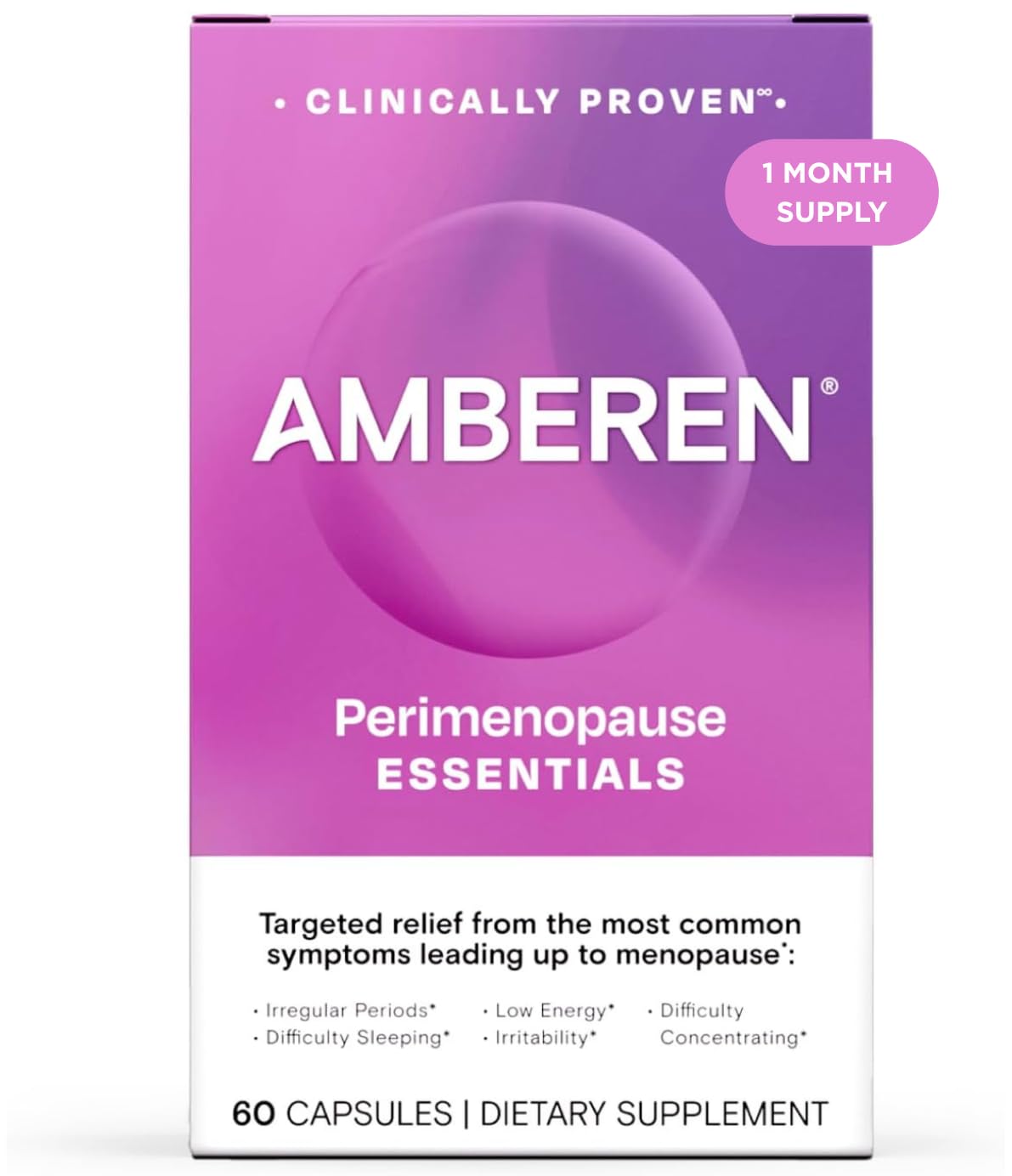 Amberen perimenopause bottle front showing non-hormonal relief potential