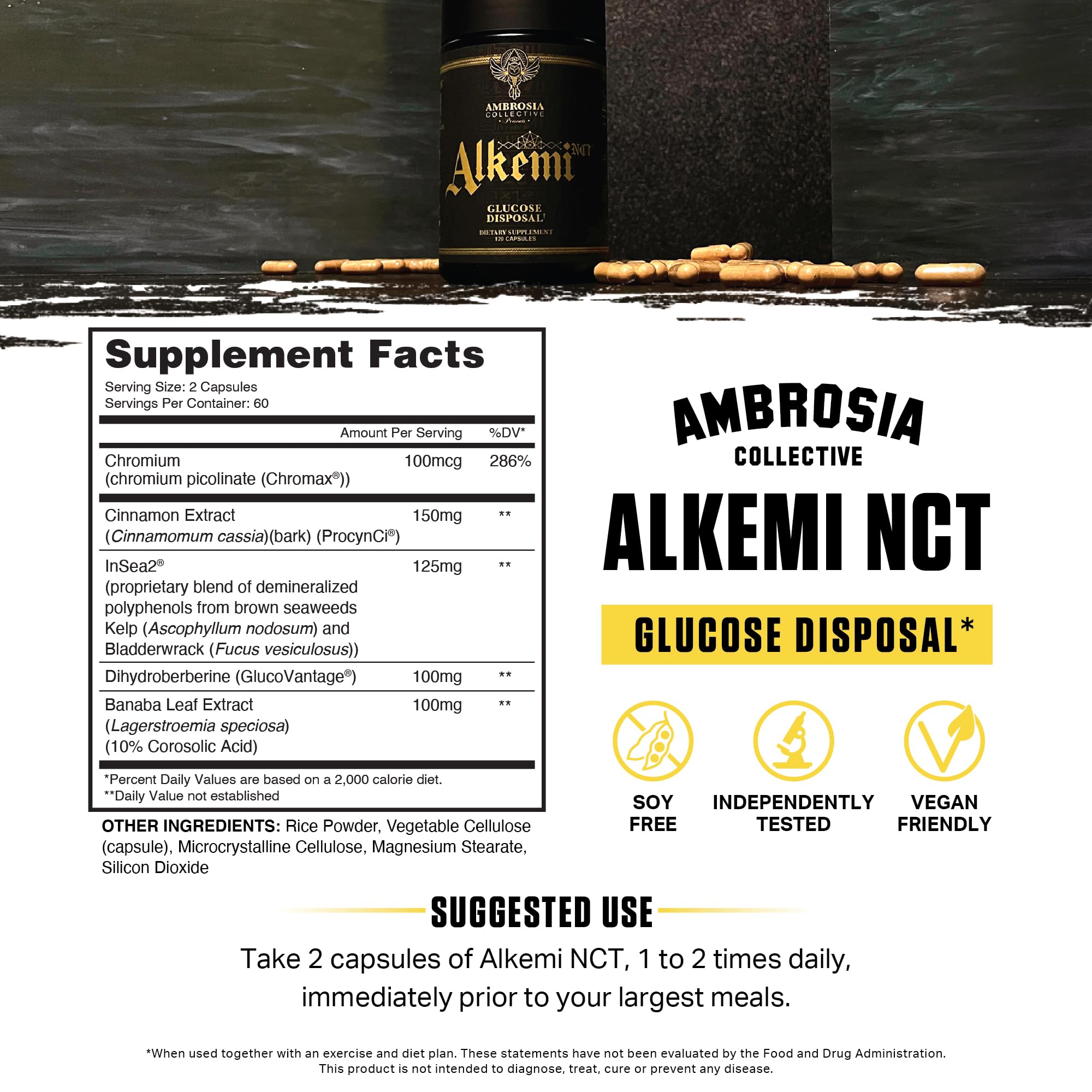Ambrosia Alkemi NCT capsules close-up highlighting convenient daily dose.