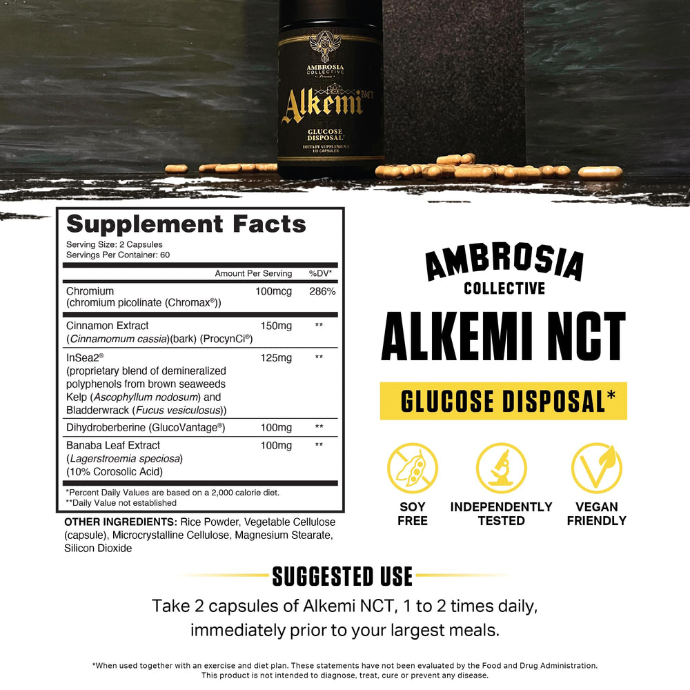 Ambrosia Alkemi NCT capsules close-up highlighting convenient daily dose.