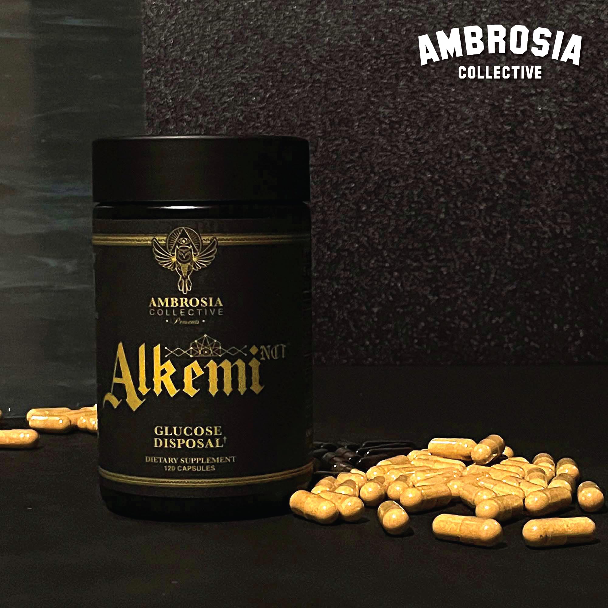Ambrosia Alkemi NCT label detail with cinnamon and berberine ingredients.