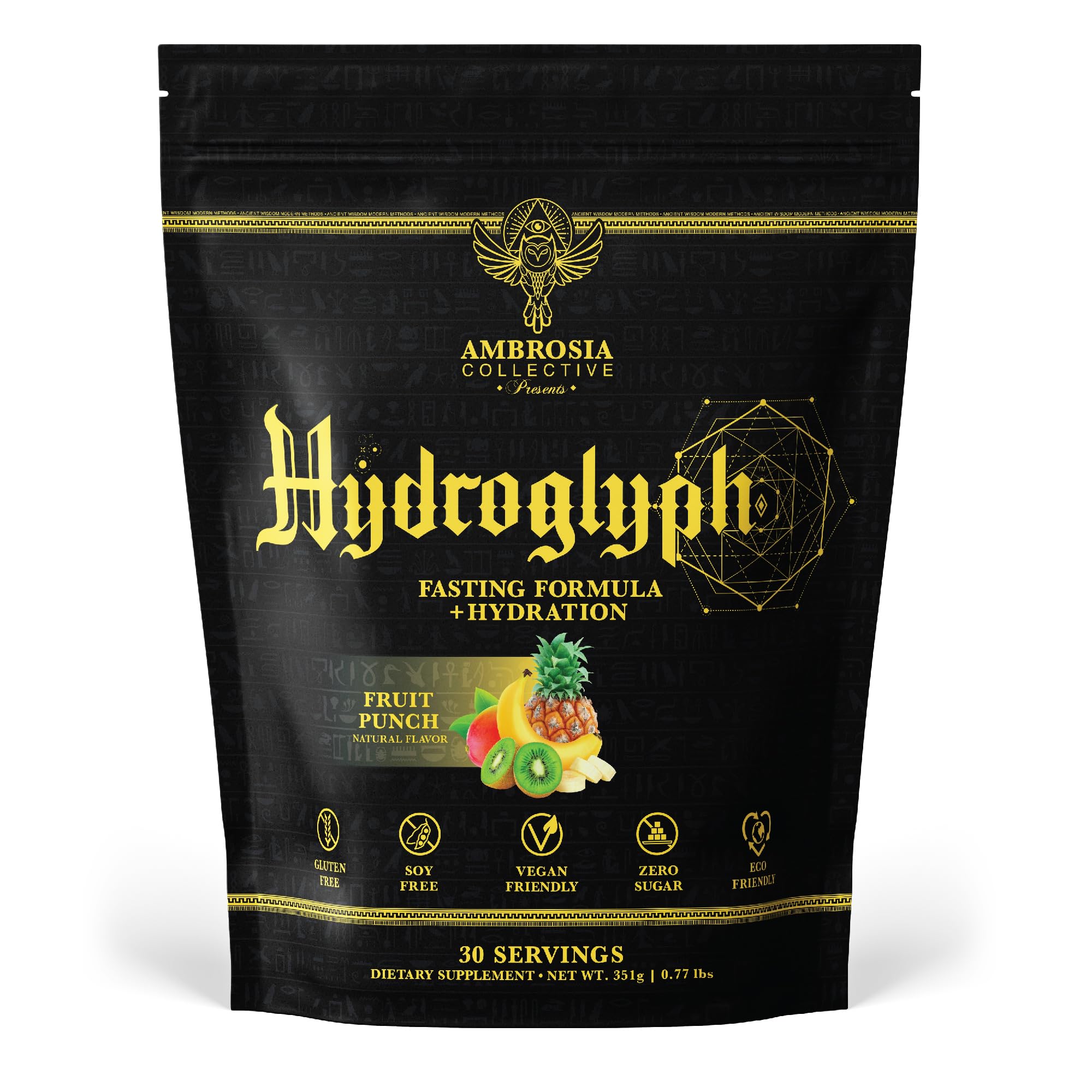 Ambrosia Hydroglyph bottle pour shows balanced electrolytes for training hydration.