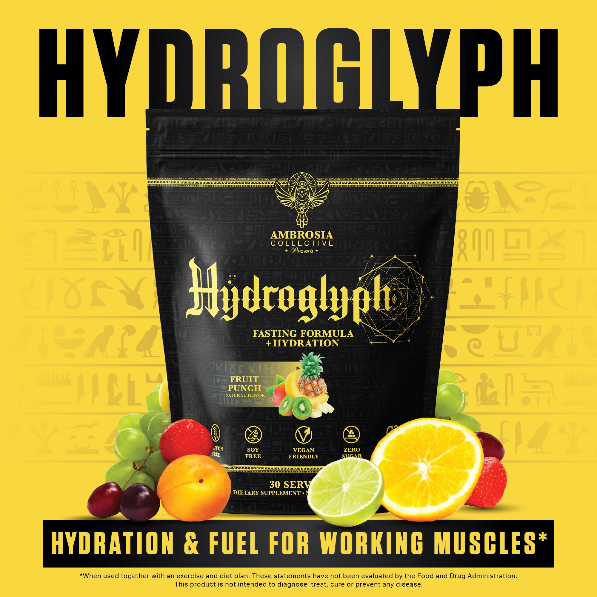 Ambrosia Hydroglyph ingredients panel lists myHMB, Velositol, EAAs.