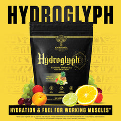 Ambrosia Hydroglyph ingredients panel lists myHMB, Velositol, EAAs.