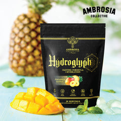 Ambrosia Hydroglyph label shows ingredients and sugar-free formula for fast-friendly fueling.