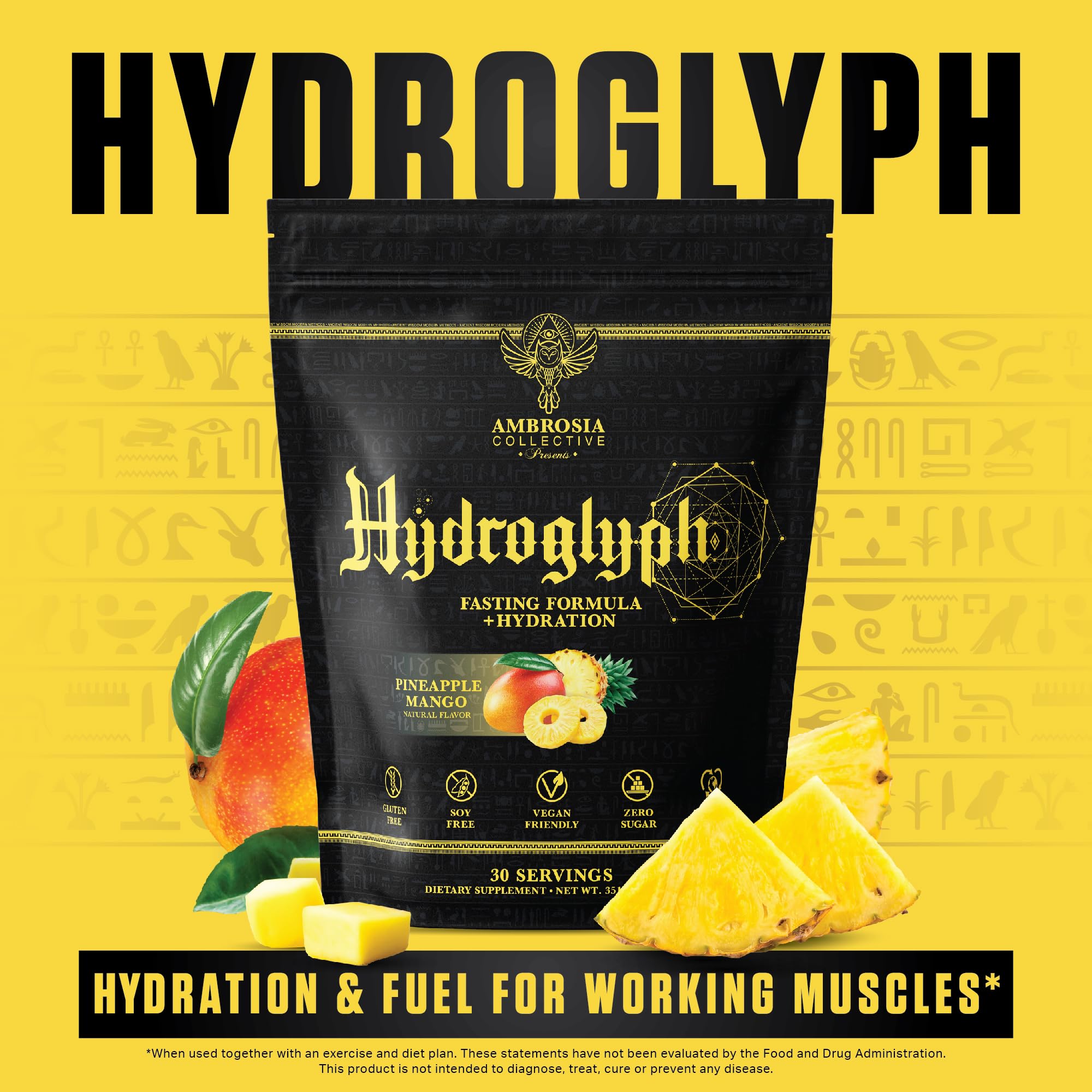 Ambrosia Hydroglyph packaging emphasizes gluten-free and vegan-friendly hydration and amino acid blend.