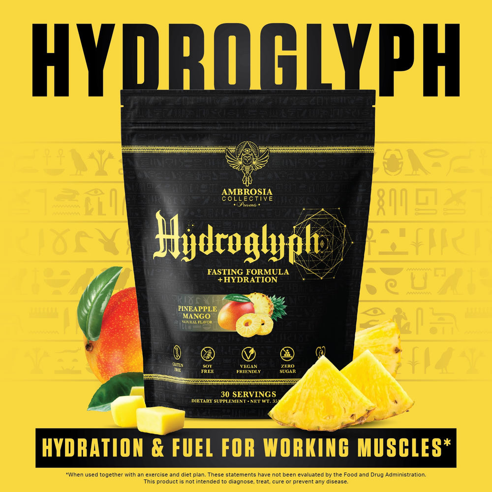 Ambrosia Hydroglyph packaging emphasizes gluten-free and vegan-friendly hydration and amino acid blend.