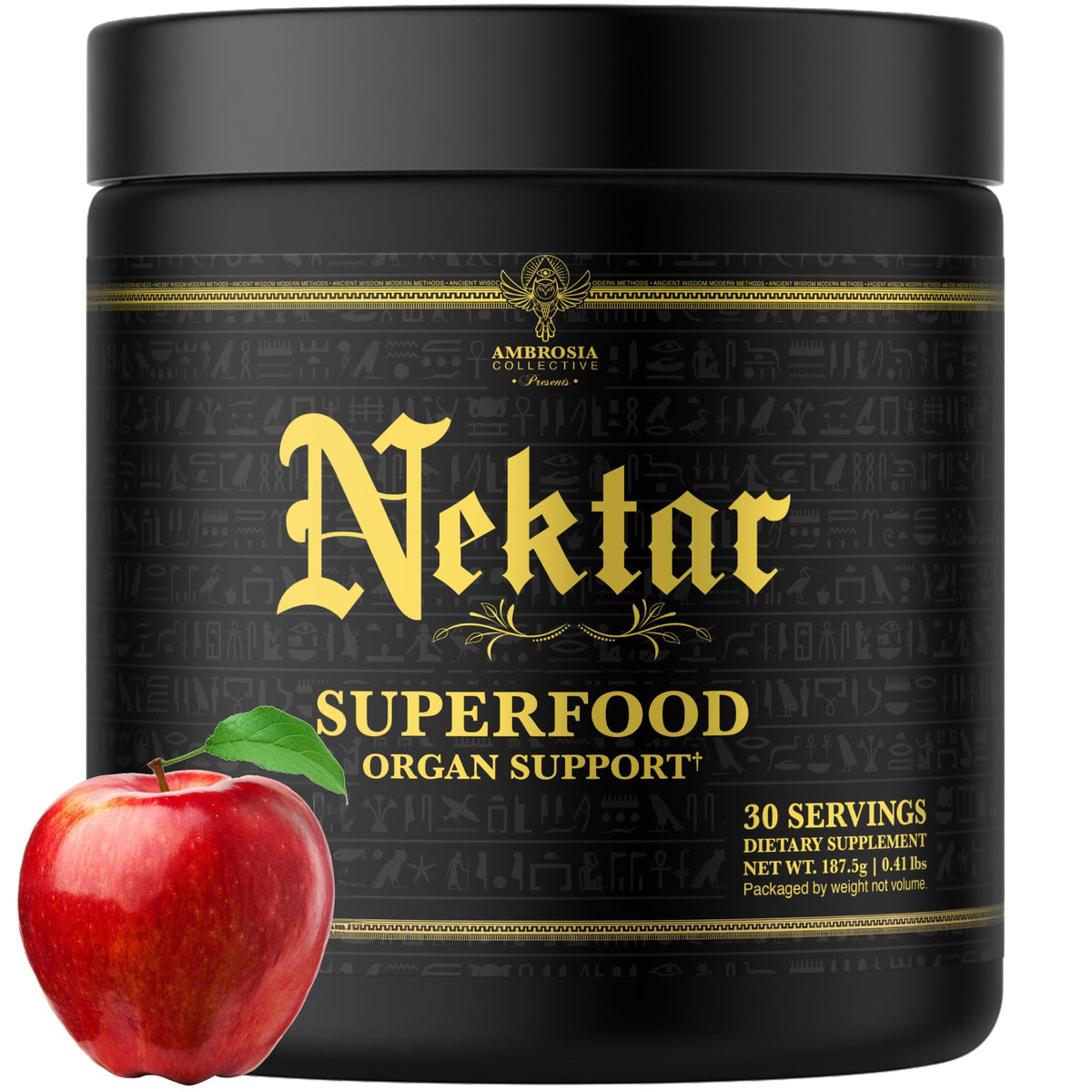 Ambrosia Nektar bottle front view, showing daily greens supplement for energy and digestion support