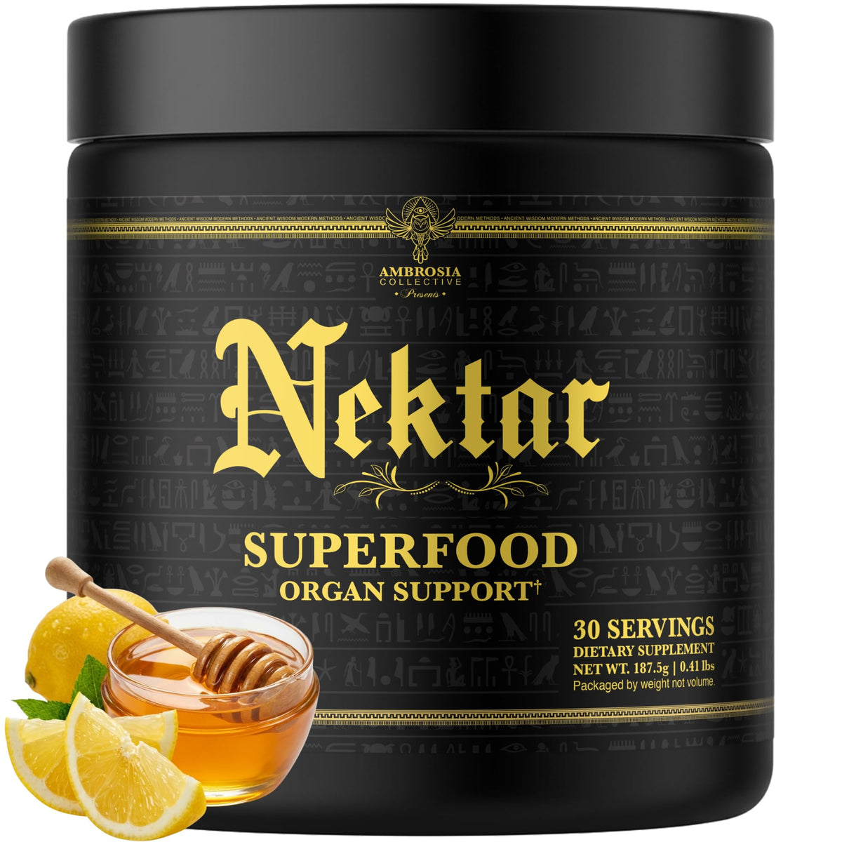 Ambrosia Nektar bottle pour for convenient daily wellness support.