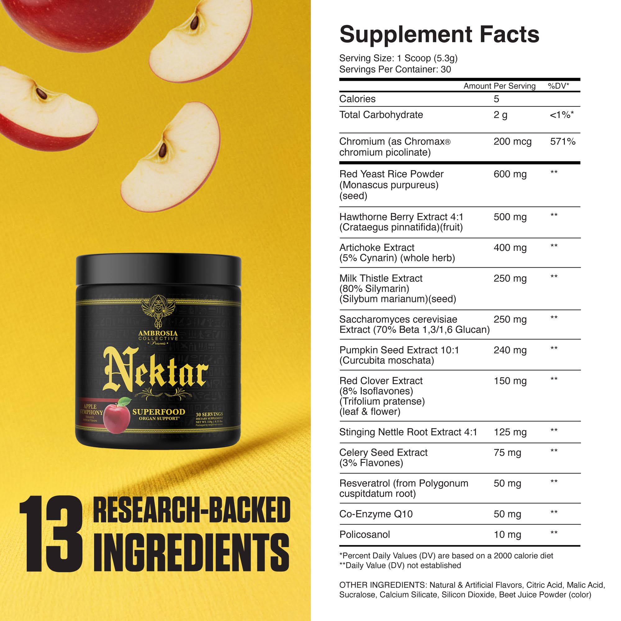 Ambrosia Nektar 13-superfood blend shown with ingredients signaling natural support possibilities