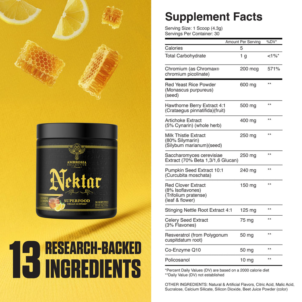 Ambrosia Nektar label closeup noting vegan, gluten-free formula for clean nutrition.