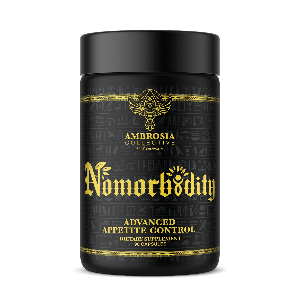 Ambrosia Nomorbidity capsule close-up highlighting appetite-control support for daily cravings.