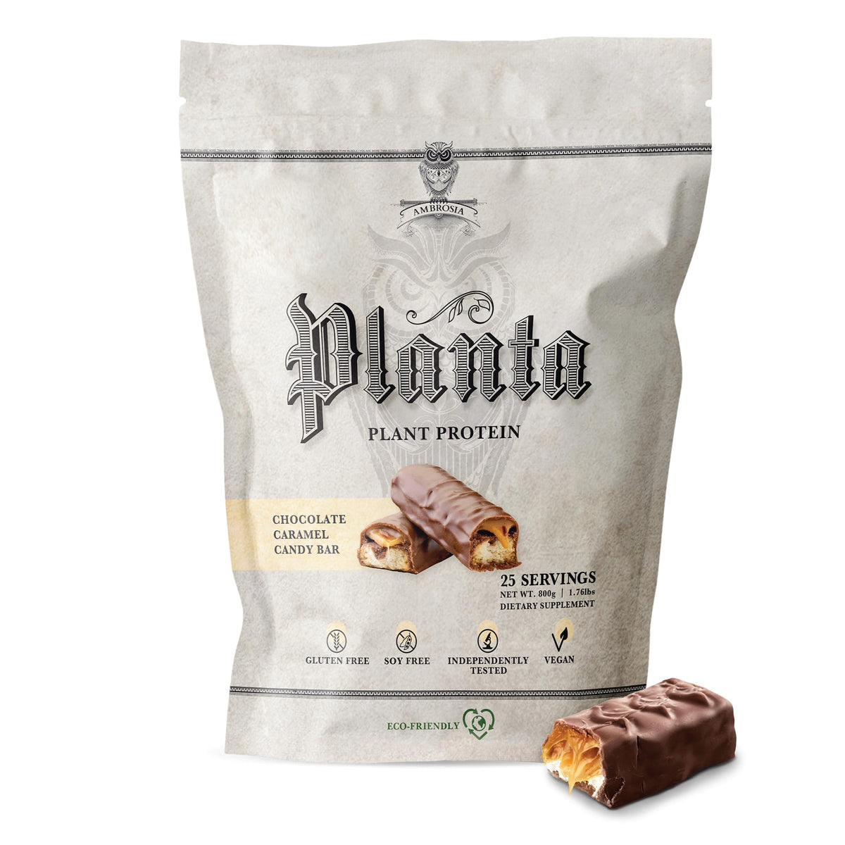 Ambrosia Planta bottle with scoop showing 20g plant-based protein per serving.