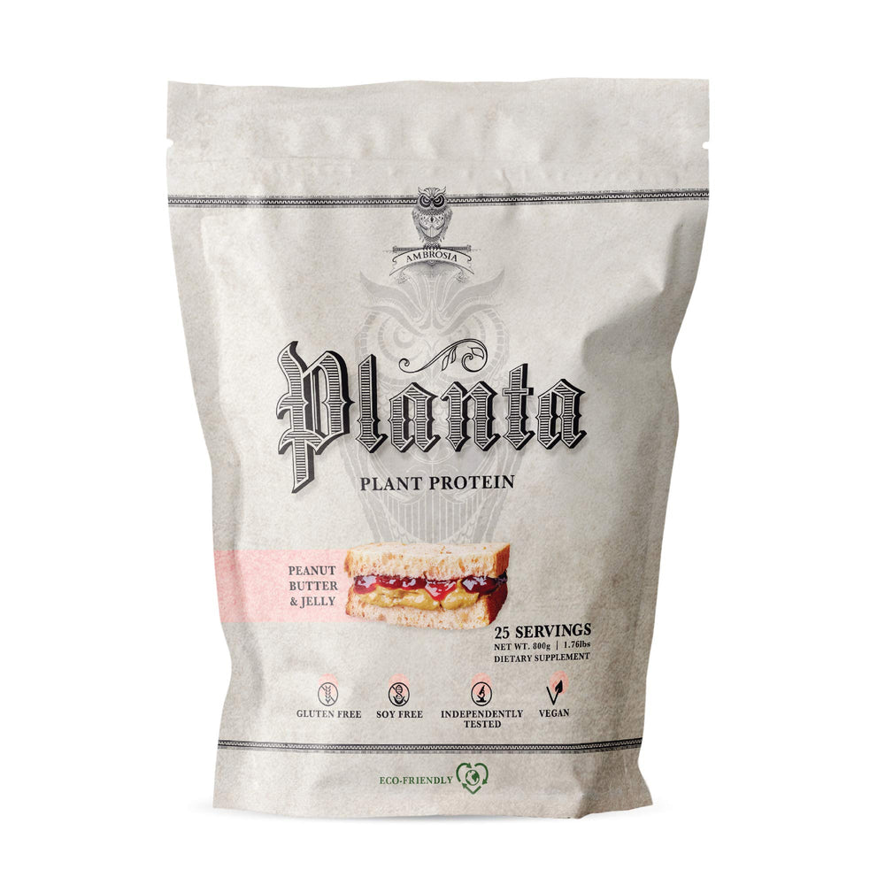 Ambrosia Planta packaging featuring Peanut Butter & Jelly flavor for clean protein