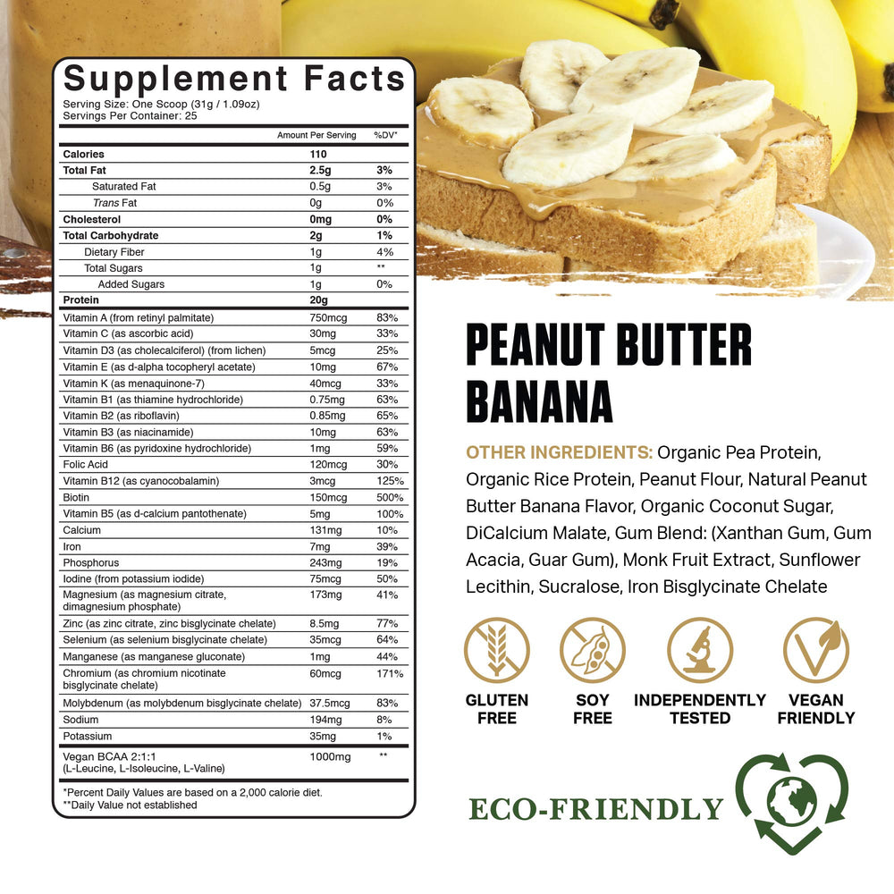 Ambrosia Planta scoop showing 20g protein and BCAAs for post-workout support.