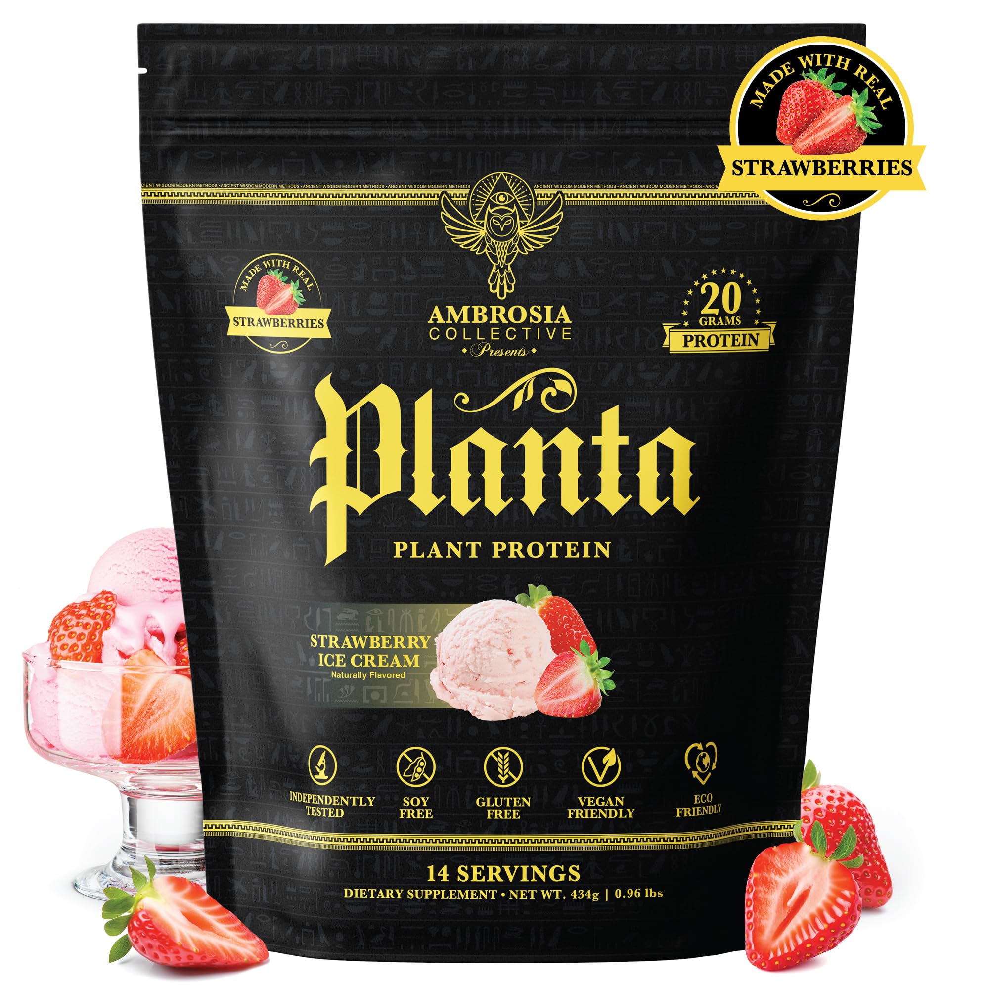Ambrosia Planta scoop of protein powder showing smooth mixability and rich texture.