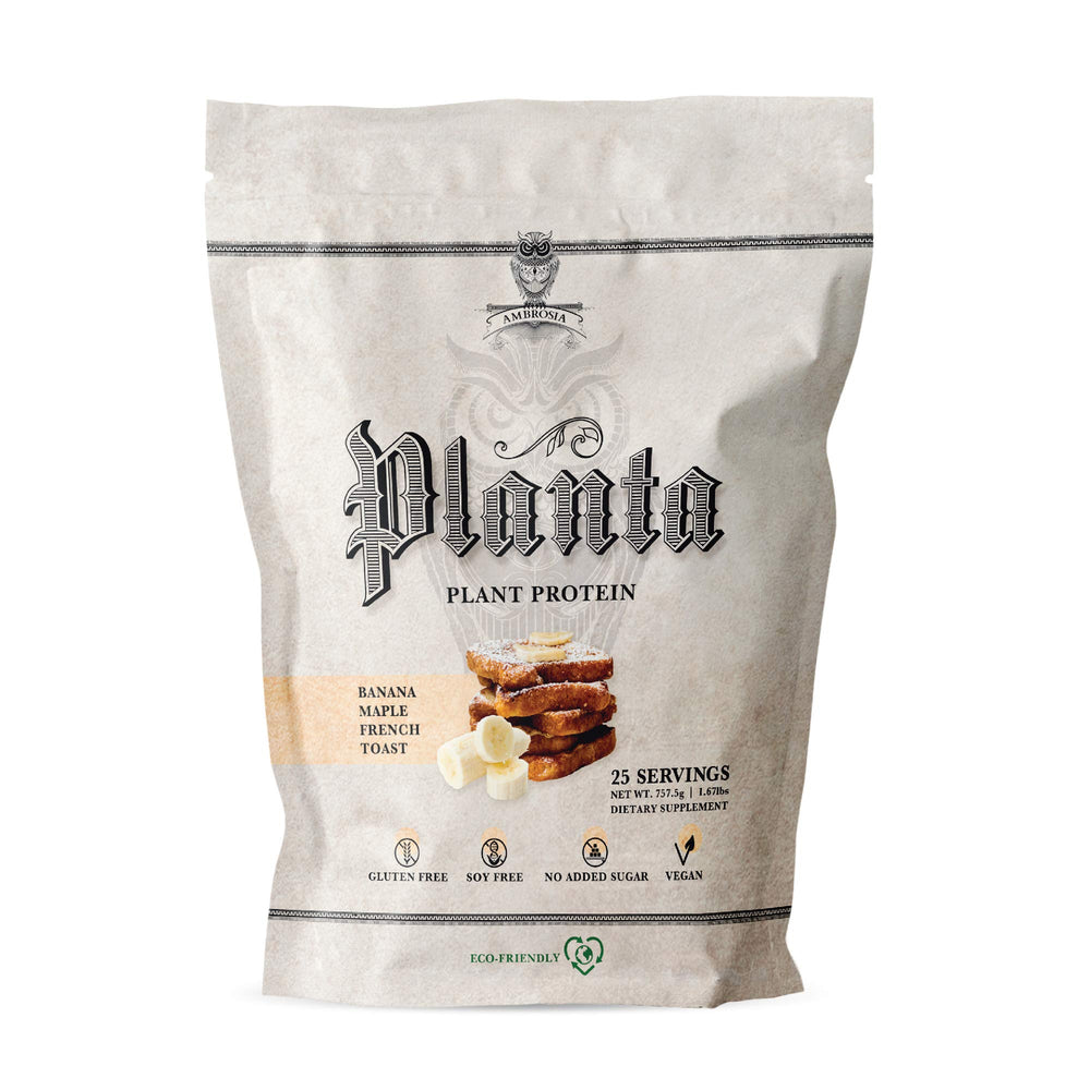Ambrosia Planta protein powder tub with banana maple flavor for post-workout fueling