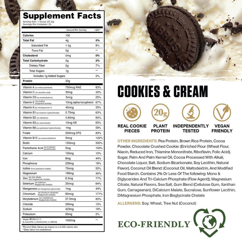 Ambrosia Planta cookies cream scoop ready to mix into water for a smooth shake.