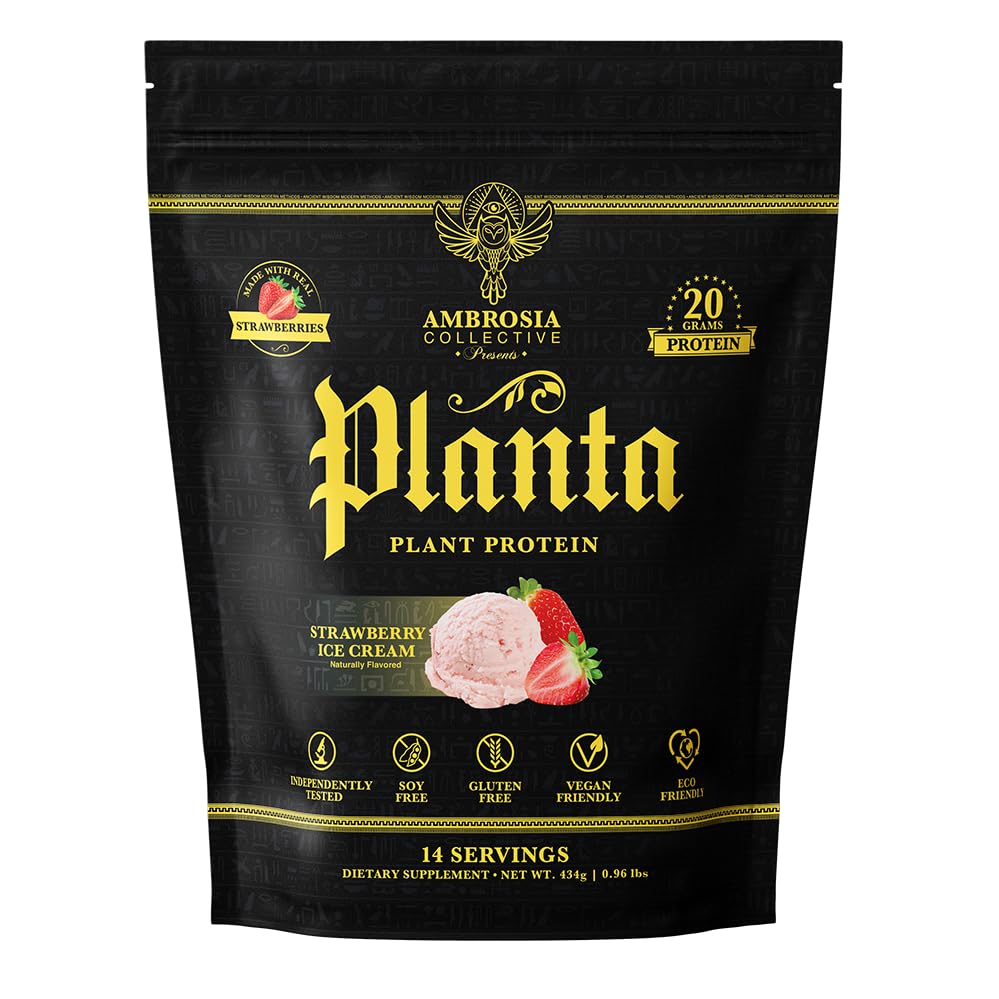 Ambrosia Planta strawberry ice cream tub, premium plant-based protein for post-workout replenishment.