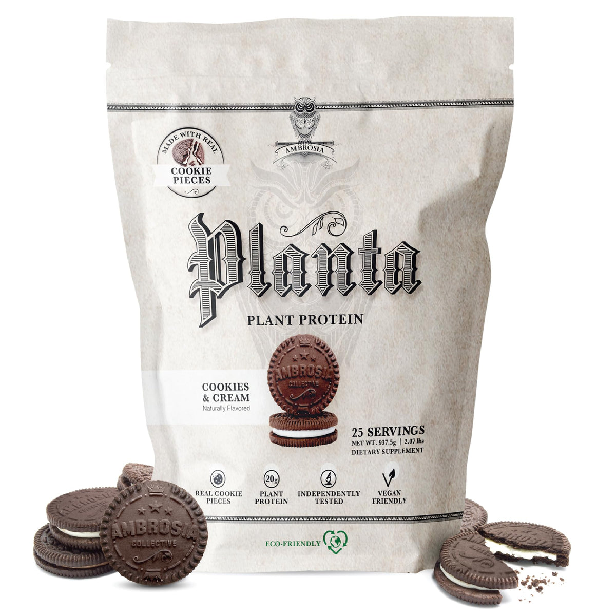 Ambrosia Planta tub front showing 20g protein and dairy-free formula.