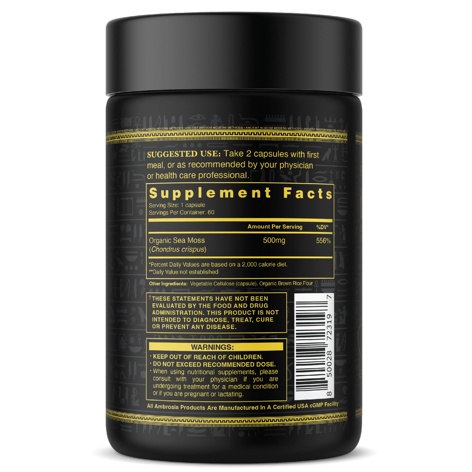 Ambrosia Sea Moss Capsules bottle label highlights antioxidants and skin hydration potential.