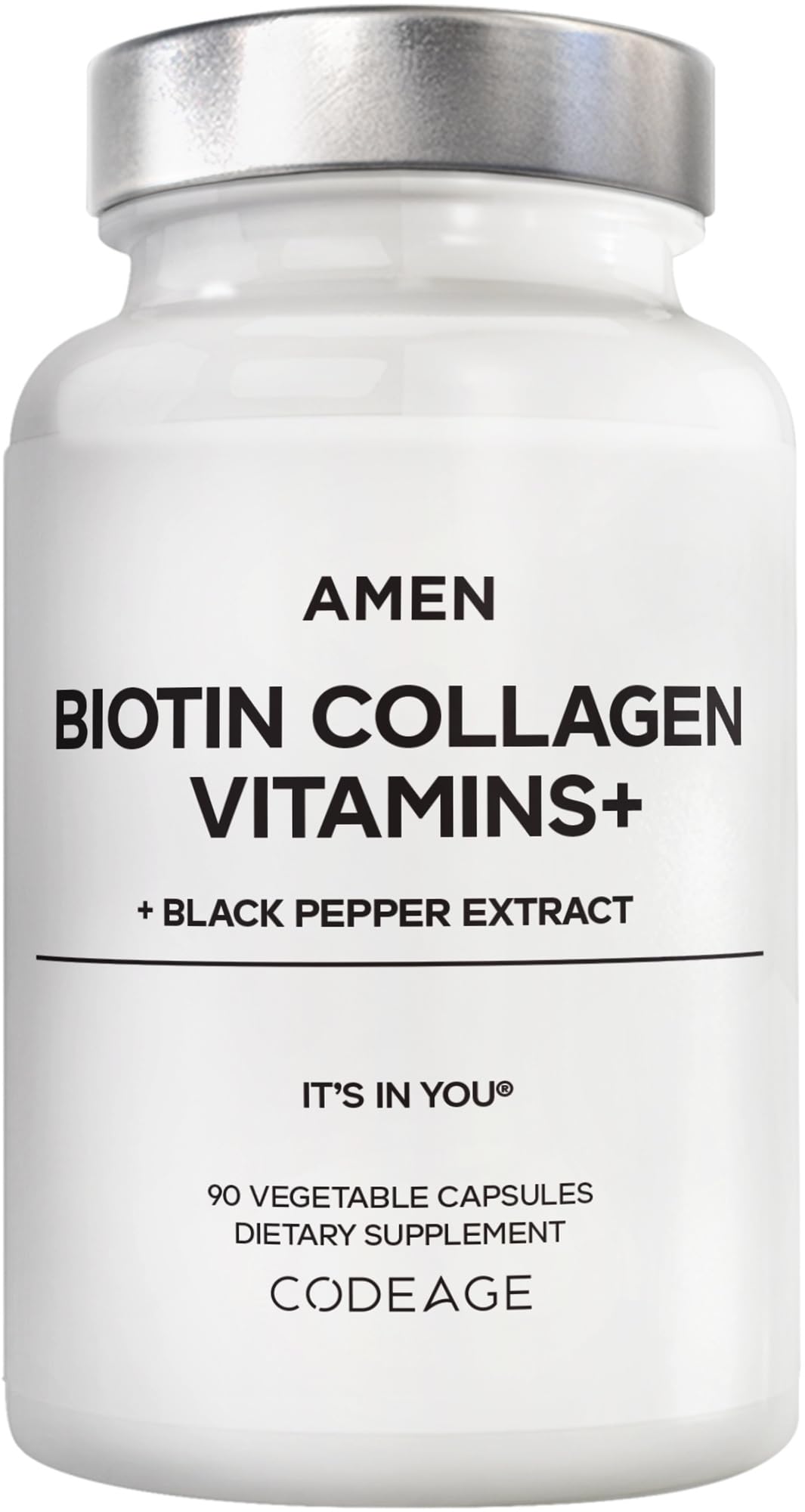 Amen Biotin Collagen Vitamins+ bottle front showing comprehensive daily supplement