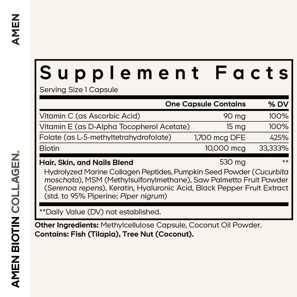 Amen Biotin Collagen Vitamins+ label closeup with 10,000 mcg biotin clearly visible
