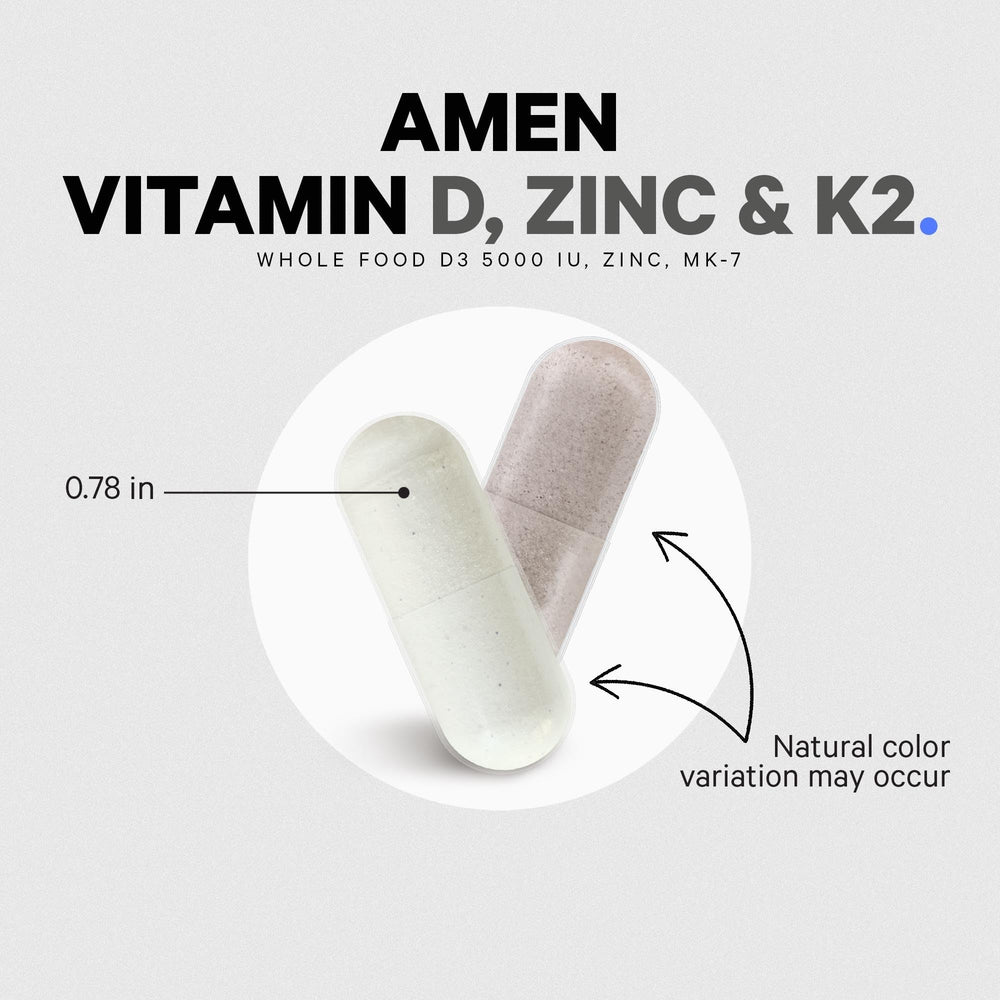 Amen D3 K2 Zinc powder blend visual emphasizes organic fruit mix