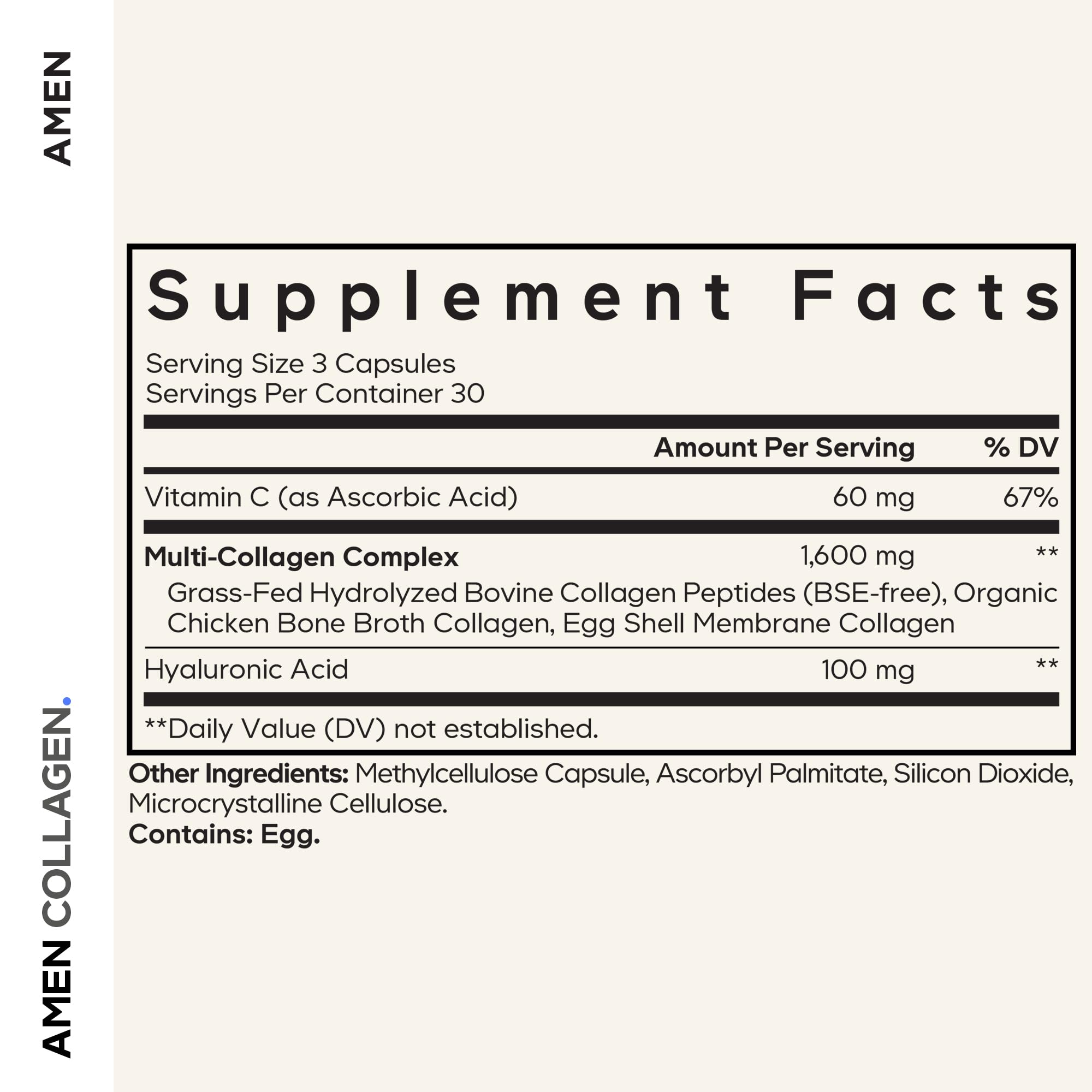 Amen hyaluronic acid collagen capsules with bottle, emphasizing hydration support.