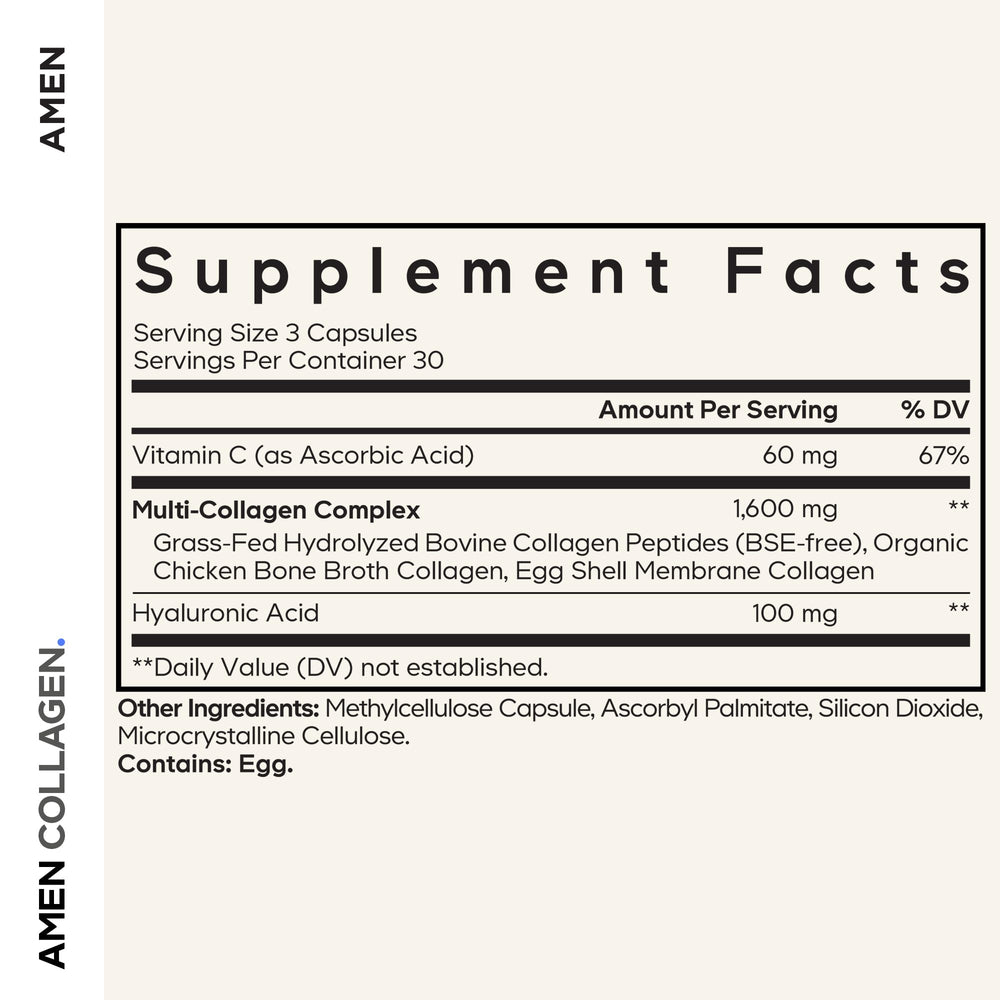 Amen hyaluronic acid collagen capsules with bottle, emphasizing hydration support.