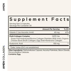 Amen hyaluronic acid collagen capsules with bottle, emphasizing hydration support.