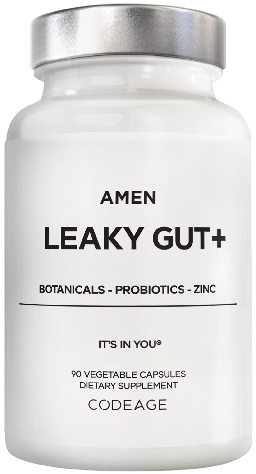 Amen Leaky Gut+ bottle with label signals a gut health supplement.