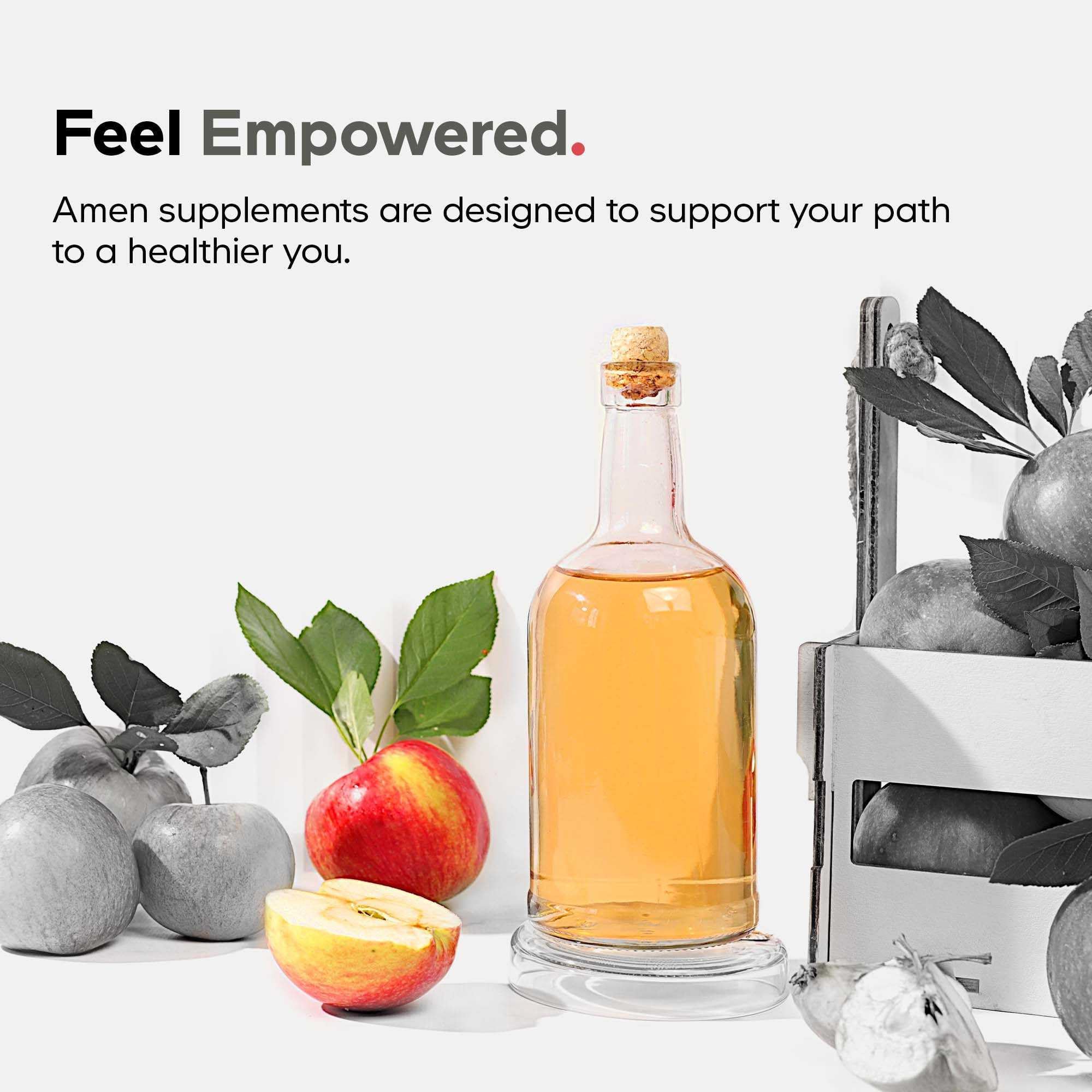 Fermented prebiotics and apple cider vinegar visuals suggest digestion-friendly components.