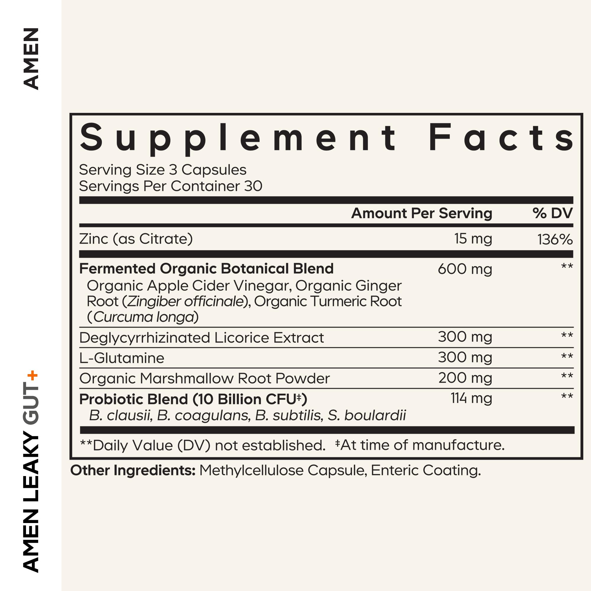 Amen Leaky Gut+ capsules showcase vegan, non-GMO formula for digestive support.