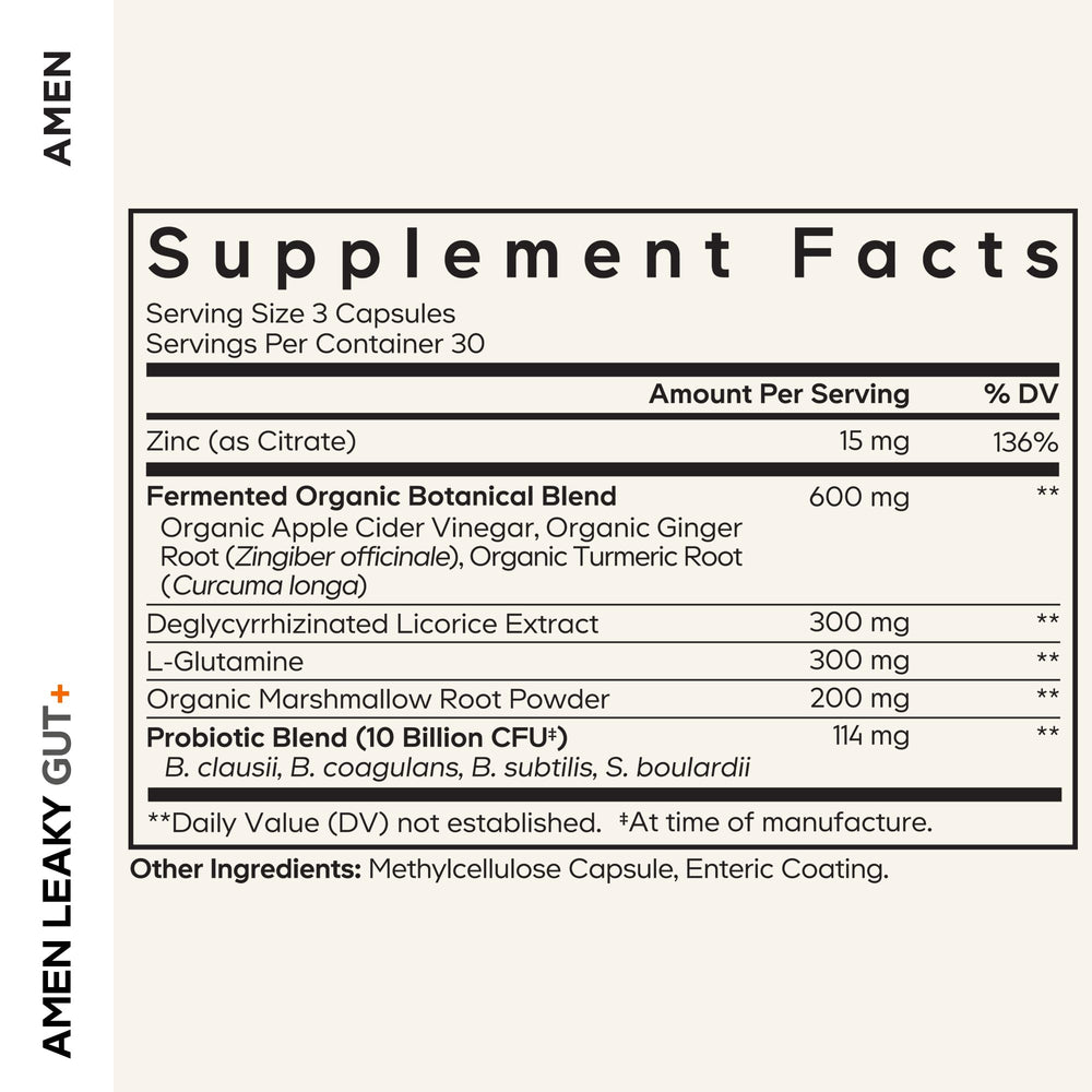 Amen Leaky Gut+ capsules showcase vegan, non-GMO formula for digestive support.