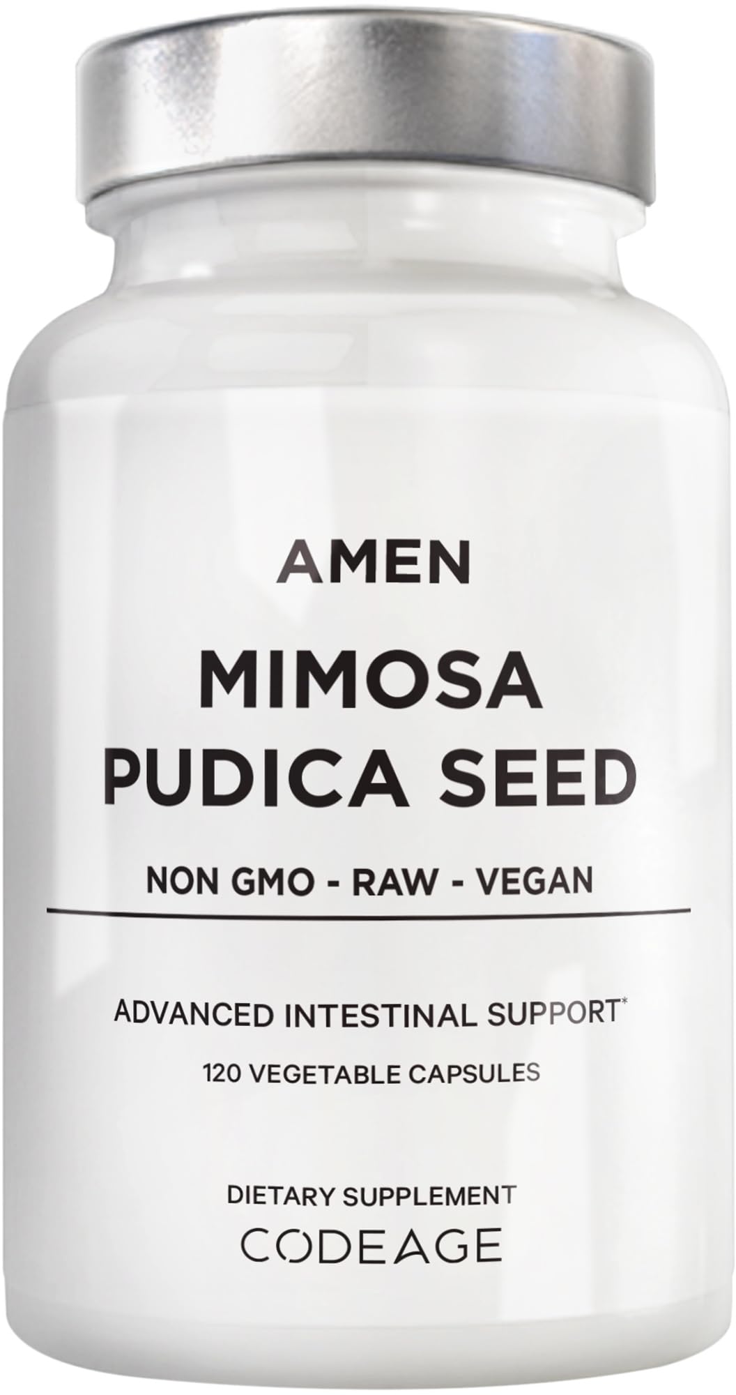 Amen Mimosa Pudica Seeds capsules bottle on shelf for daily vegan routine.