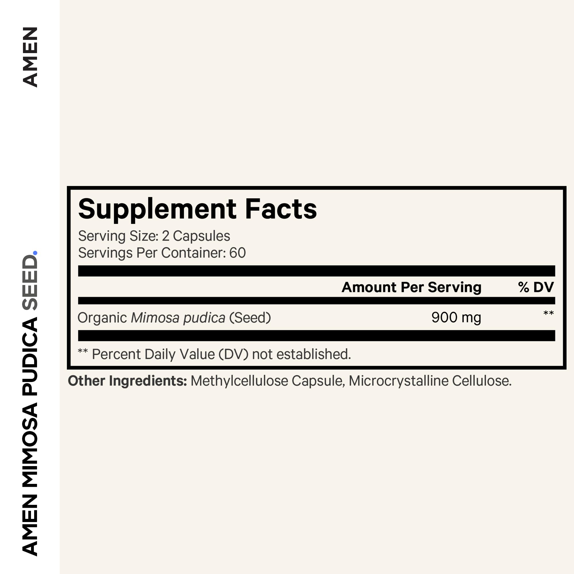 Amen Mimosa Pudica Seeds capsules close-up, showcasing vegan, non-GMO formula.