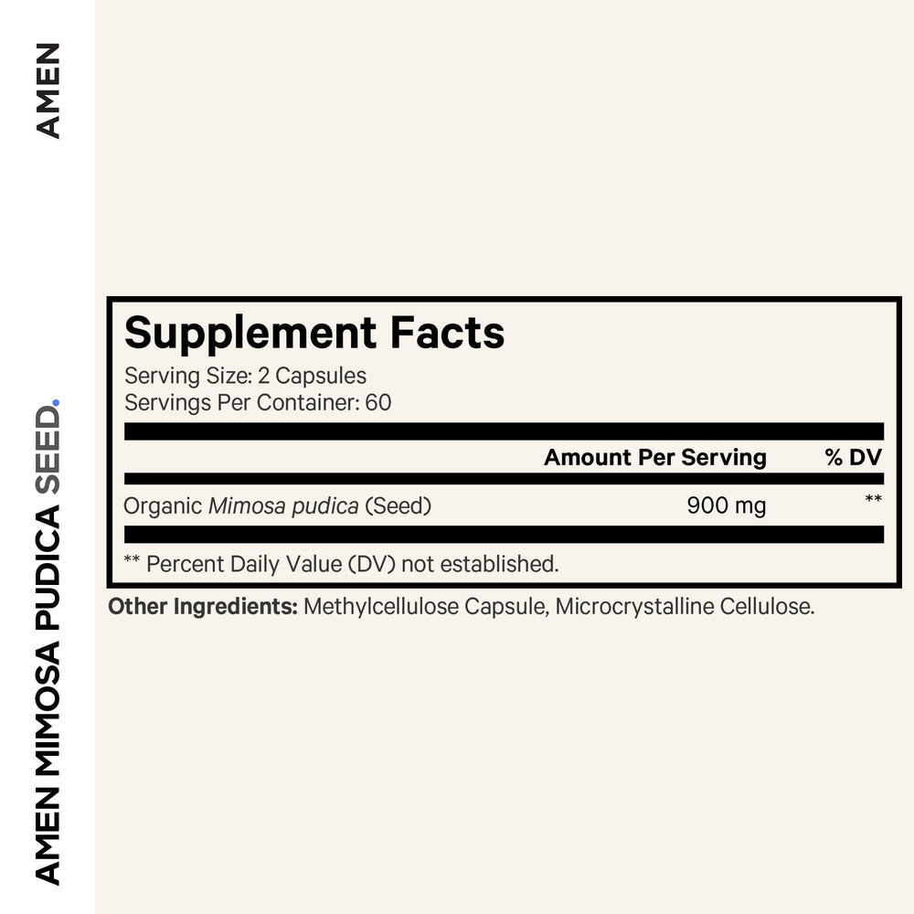 Amen Mimosa Pudica Seeds capsules close-up, showcasing vegan, non-GMO formula.