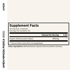 Amen Mimosa Pudica Seeds capsules close-up, showcasing vegan, non-GMO formula.