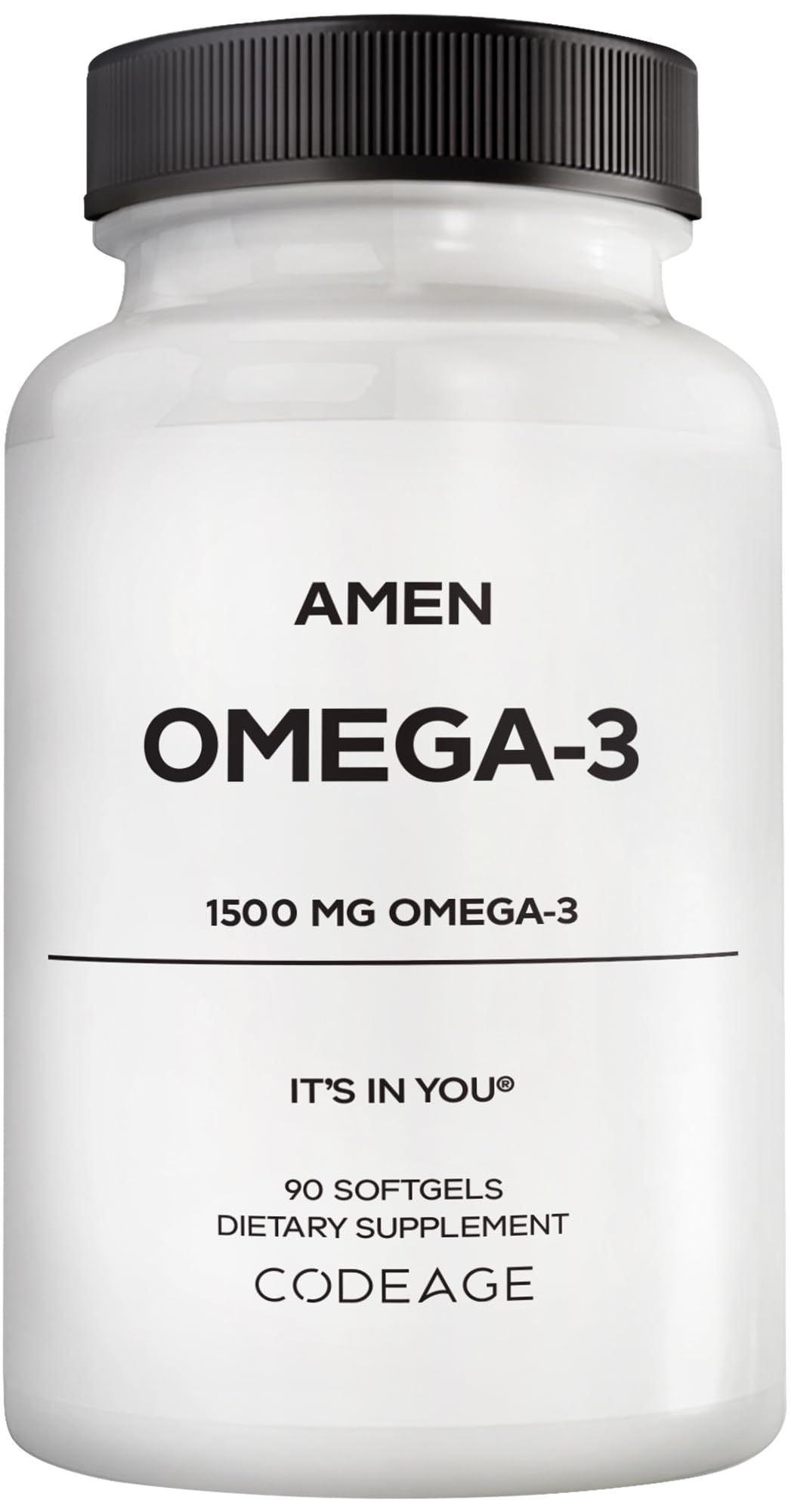 Amen Omega-3 supplement bottle front view highlighting 1500 mg per serving for daily use