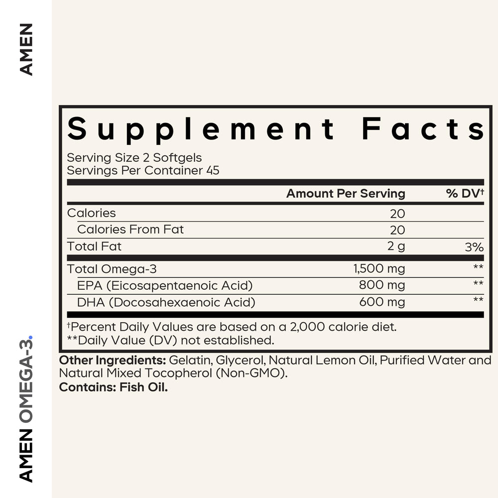 Amen Omega-3 softgels close-up showing smooth capsules for daily wellness