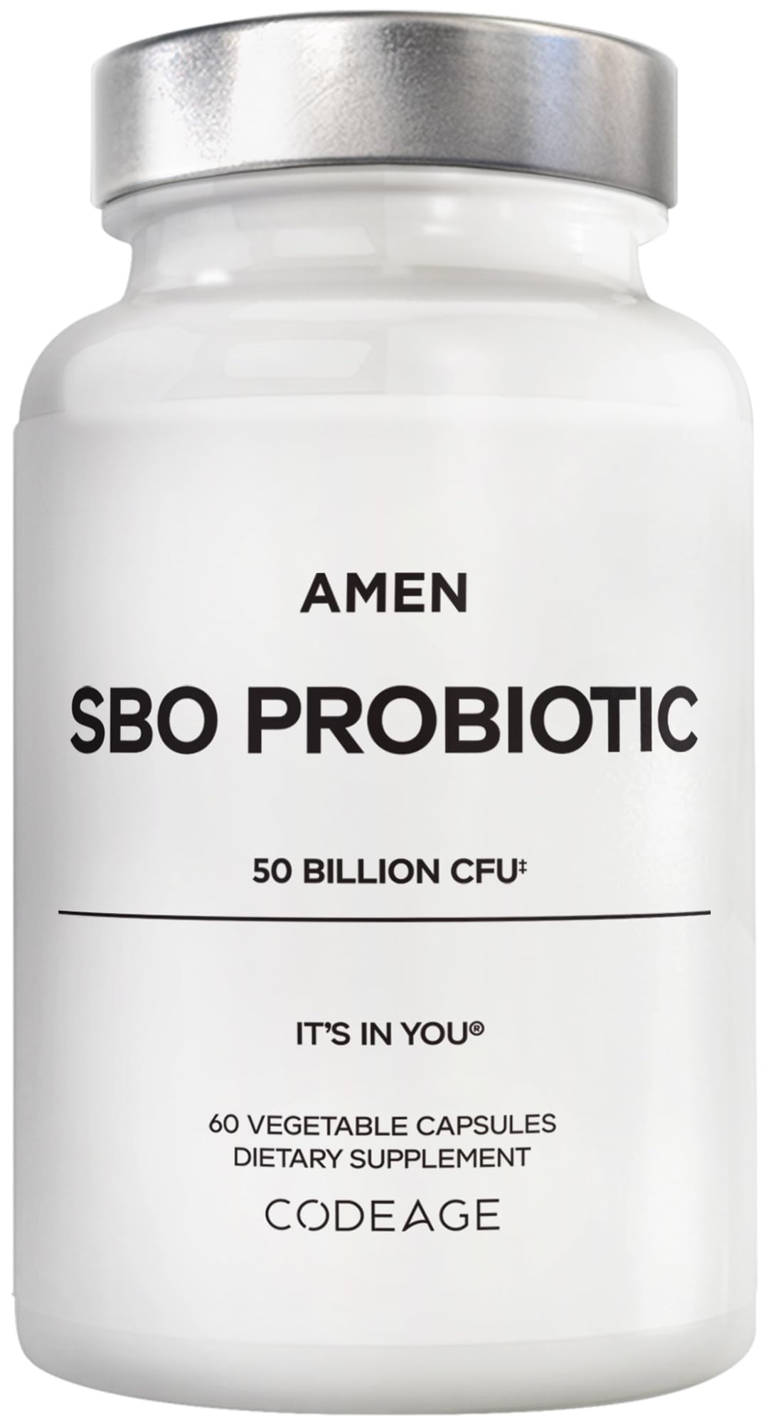 Amen SBO Probiotic bottle label showing 50B CFUs for daily support