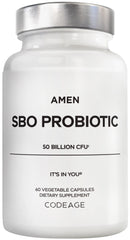 Amen SBO Probiotic bottle label showing 50B CFUs for daily support