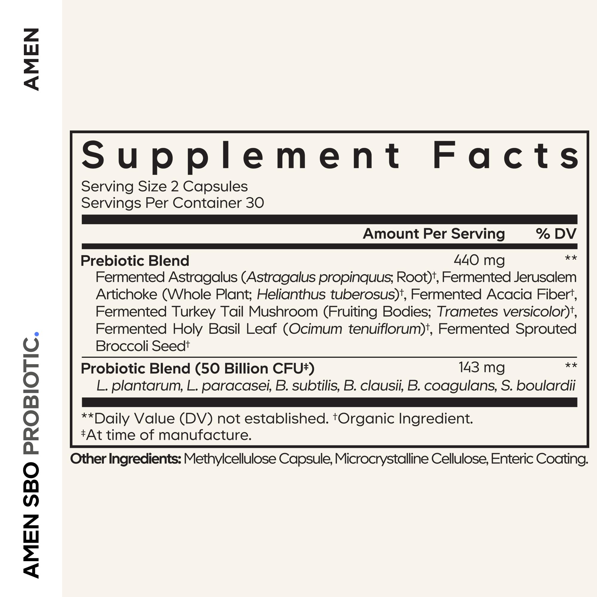 Amen SBO Probiotic capsules close-up for convenient daily use