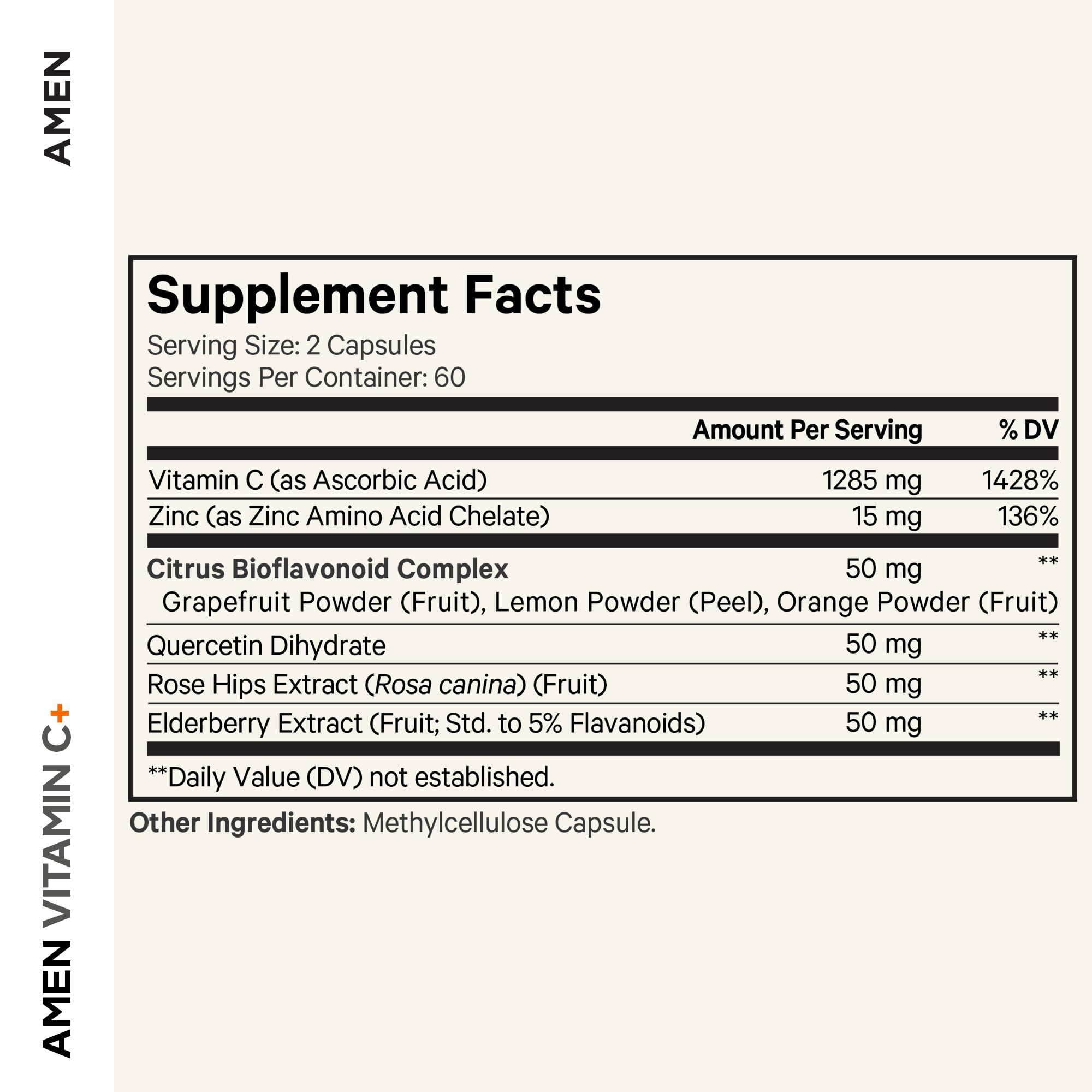 Amen Vitamin C+ bottle shot emphasizes label and 2-month supply